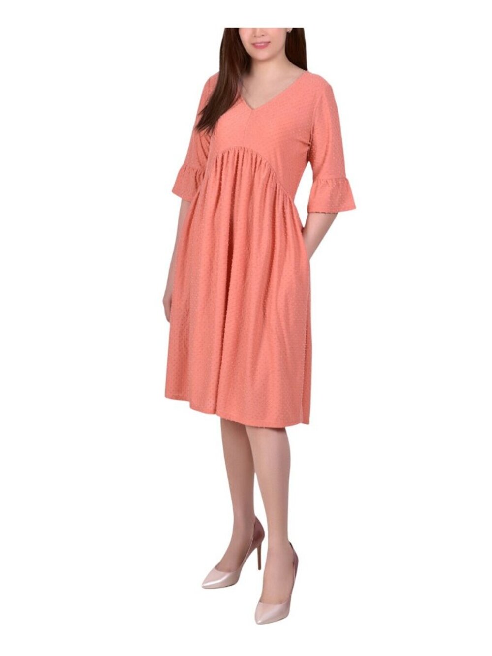 NWT Ny Collection Swiss Dot Bell Sleeve Midi Sundress MNKD3217 Tawny Orange S